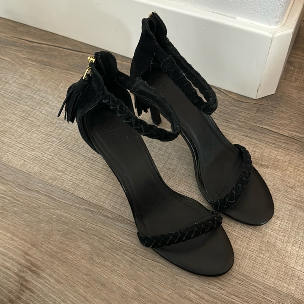 Women’s black suede JOIE heels with gold zipper- size 8